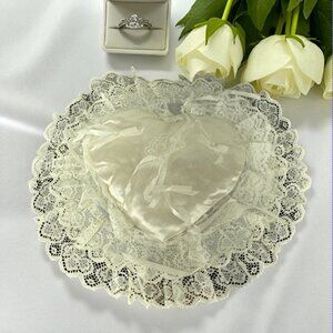 SATIN RING PILLOW -- Vintage 1980, Elastic Hold Strap, Ring Ties, Lace Doily